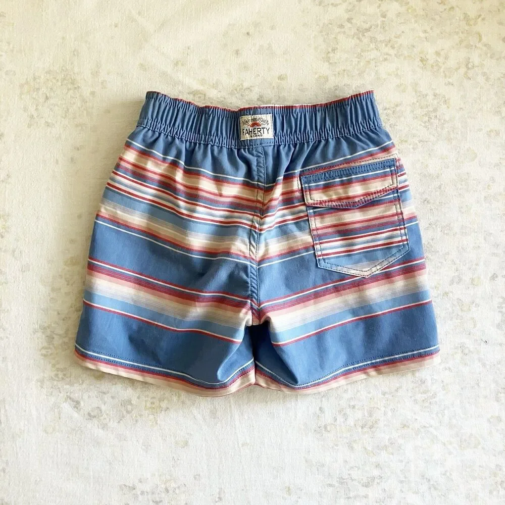 Faherty Board Shorts Swim Trunks Boys Sz 4T Blue Striped Retro Classic Pockets